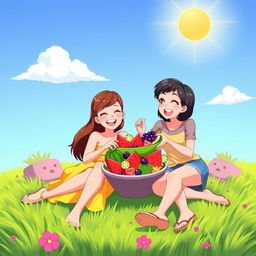 A colorful animated scene of two cheerful women sitting on green grass, enjoying a variety of fresh fruits