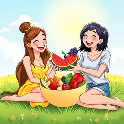 A colorful animated scene of two cheerful women sitting on green grass, enjoying a variety of fresh fruits