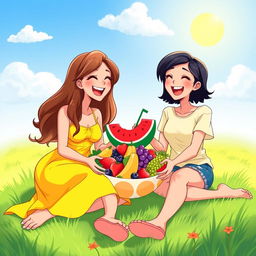 A colorful animated scene of two cheerful women sitting on green grass, enjoying a variety of fresh fruits