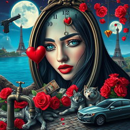 A beautiful, stunning young woman with long black hair and striking crystal blue eyes is crying in a surreal, dreamy psychedelic landscape inspired by Salvador Dali