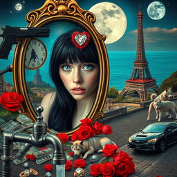 A beautiful, stunning young woman with long black hair and striking crystal blue eyes is crying in a surreal, dreamy psychedelic landscape inspired by Salvador Dali