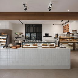 A modern bakery cafe with white tiled and stoned interiors, beckoning a London style. The space is filled with contemporary furniture, pastries artistically displayed in glass showcases and a state-of-the-art coffee brewing station.