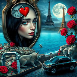 A beautiful, stunning young woman with long black hair and striking crystal blue eyes is crying in a surreal, dreamy psychedelic landscape inspired by Salvador Dali