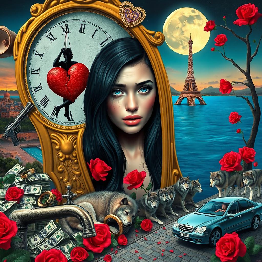 A beautiful, stunning young woman with long black hair and striking crystal blue eyes is crying in a surreal, dreamy psychedelic landscape inspired by Salvador Dali