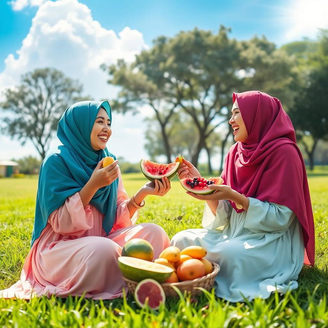 A vibrant outdoor scene featuring two women wearing colorful hijabs, joyfully eating fruits together while sitting on lush green grass