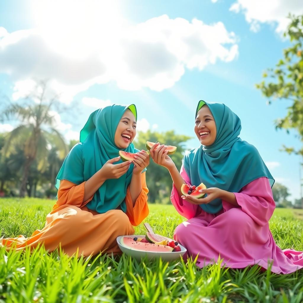 A vibrant outdoor scene featuring two women wearing colorful hijabs, joyfully eating fruits together while sitting on lush green grass