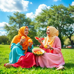 A vibrant outdoor scene featuring two women wearing colorful hijabs, joyfully eating fruits together while sitting on lush green grass