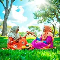 A vibrant outdoor scene featuring two women wearing colorful hijabs, joyfully eating fruits together while sitting on lush green grass