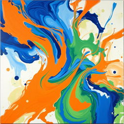 A vibrant abstract canvas artwork featuring swirling colors of blue, orange, and green, blended together in an energetic and dynamic composition
