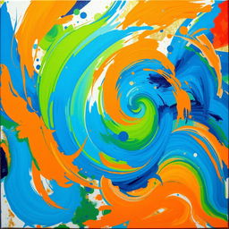 A vibrant abstract canvas artwork featuring swirling colors of blue, orange, and green, blended together in an energetic and dynamic composition
