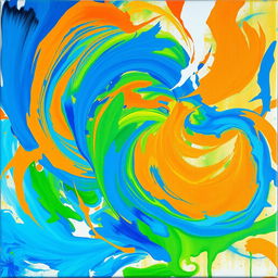 A vibrant abstract canvas artwork featuring swirling colors of blue, orange, and green, blended together in an energetic and dynamic composition