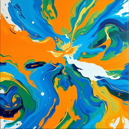 A vibrant abstract canvas artwork featuring swirling colors of blue, orange, and green, blended together in an energetic and dynamic composition