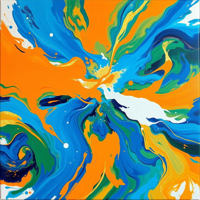 A vibrant abstract canvas artwork featuring swirling colors of blue, orange, and green, blended together in an energetic and dynamic composition