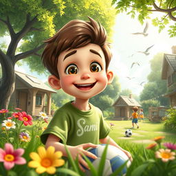 A whimsical scene in a beautiful green village, showcasing a cheerful young boy named Sami with bright eyes and a big smile