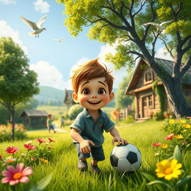 A whimsical scene in a beautiful green village, showcasing a cheerful young boy named Sami with bright eyes and a big smile