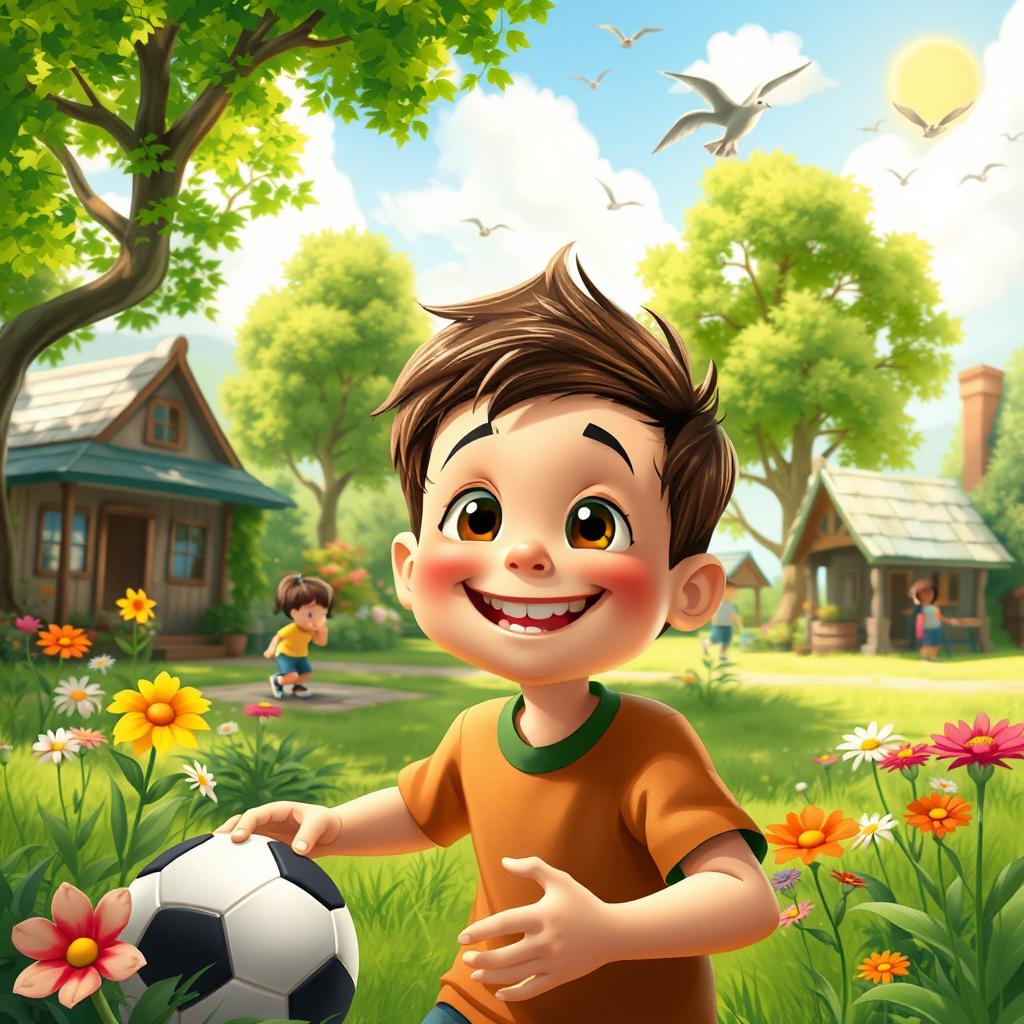 A whimsical scene in a beautiful green village, showcasing a cheerful young boy named Sami with bright eyes and a big smile