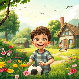 A whimsical scene in a beautiful green village, showcasing a cheerful young boy named Sami with bright eyes and a big smile