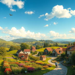 A picturesque green village nestled among rolling hills, with vibrant greenery, colorful flower gardens, and charming cottages