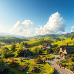 A picturesque green village nestled among rolling hills, with vibrant greenery, colorful flower gardens, and charming cottages