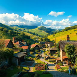 A picturesque green village nestled among rolling hills, with vibrant greenery, colorful flower gardens, and charming cottages