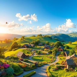 A picturesque green village nestled among rolling hills, with vibrant greenery, colorful flower gardens, and charming cottages