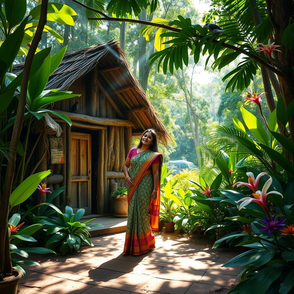 An Indian woman gracefully standing outside her rustic hut, nestled in a lush rainforest clearing