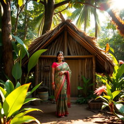 An Indian woman gracefully standing outside her rustic hut, nestled in a lush rainforest clearing
