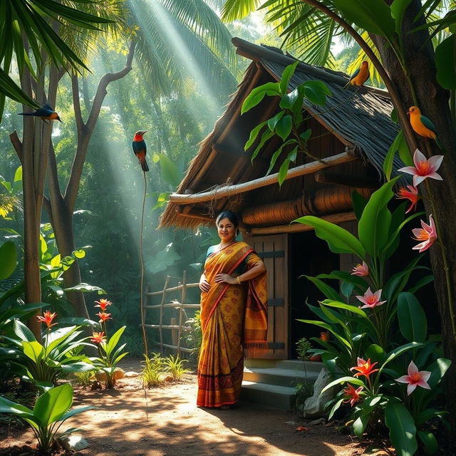 An Indian woman gracefully standing outside her rustic hut, nestled in a lush rainforest clearing