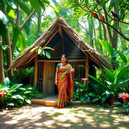 An Indian woman gracefully standing outside her rustic hut, nestled in a lush rainforest clearing