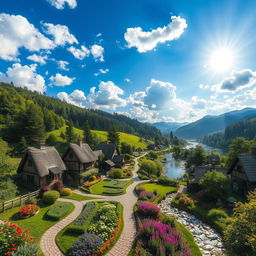 A picturesque green village with lush forests and vibrant flowers, featuring quaint cottages with thatched roofs, winding cobblestone paths, and colorful gardens in full bloom under a bright blue sky filled with fluffy white clouds