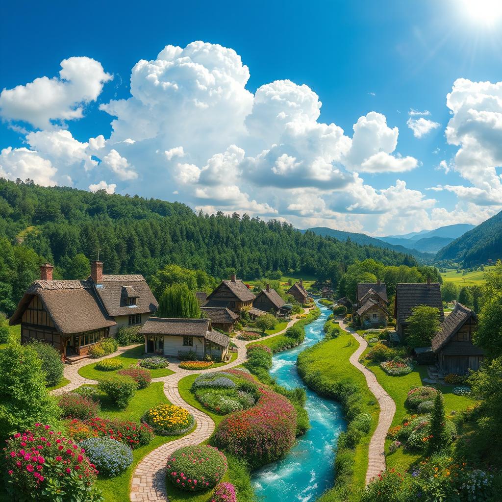 A picturesque green village with lush forests and vibrant flowers, featuring quaint cottages with thatched roofs, winding cobblestone paths, and colorful gardens in full bloom under a bright blue sky filled with fluffy white clouds