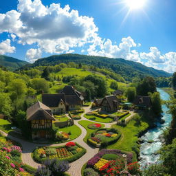 A picturesque green village with lush forests and vibrant flowers, featuring quaint cottages with thatched roofs, winding cobblestone paths, and colorful gardens in full bloom under a bright blue sky filled with fluffy white clouds