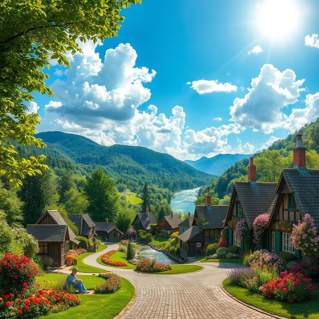 A picturesque green village with lush forests and vibrant flowers, featuring quaint cottages with thatched roofs, winding cobblestone paths, and colorful gardens in full bloom under a bright blue sky filled with fluffy white clouds