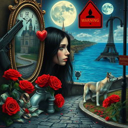 A beautiful, stunning young woman with long black hair and striking crystal blue eyes is crying in a surreal, dreamy psychedelic landscape inspired by Salvador Dali