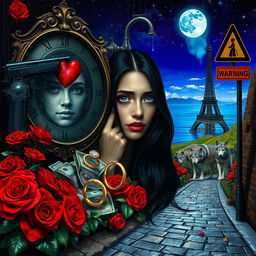 A beautiful, stunning young woman with long black hair and striking crystal blue eyes is crying in a surreal, dreamy psychedelic landscape inspired by Salvador Dali