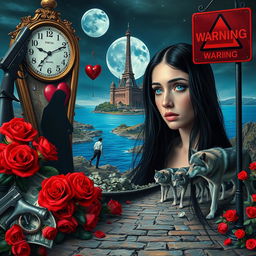 A beautiful, stunning young woman with long black hair and striking crystal blue eyes is crying in a surreal, dreamy psychedelic landscape inspired by Salvador Dali