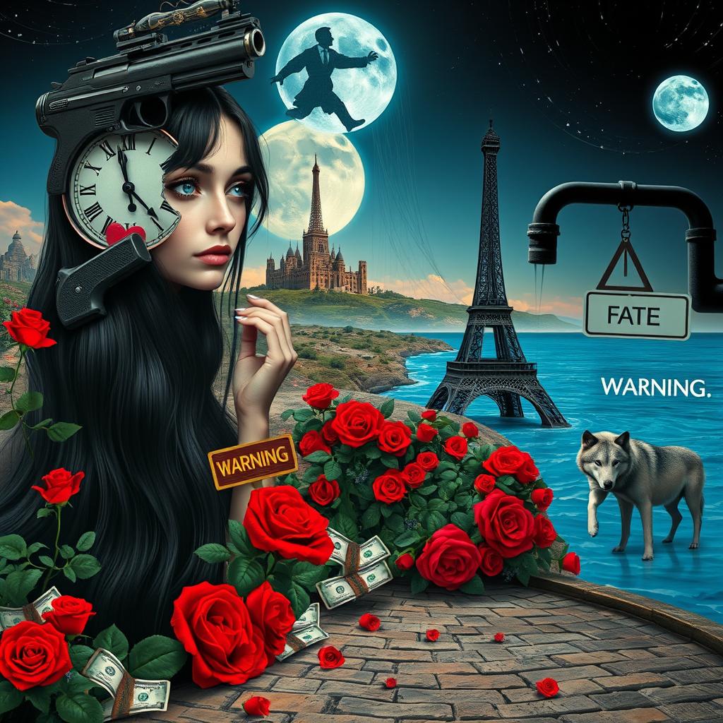 A beautiful, stunning young woman with long black hair and striking crystal blue eyes is crying in a surreal, dreamy psychedelic landscape inspired by Salvador Dali