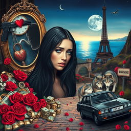 A beautiful, stunning young woman with long black hair and crystal blue eyes is crying in a psychedelic landscape inspired by Salvador Dali