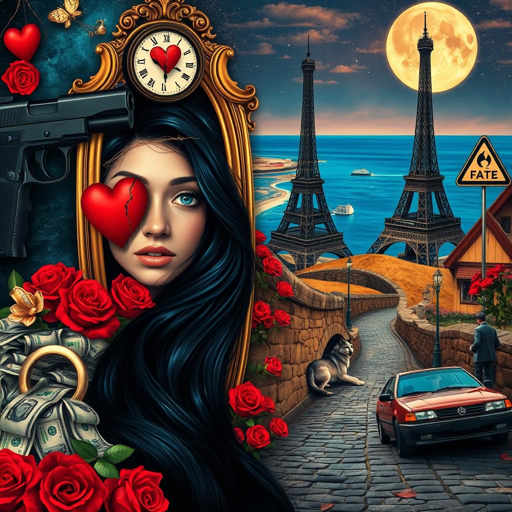 A beautiful, stunning young woman with long black hair and crystal blue eyes is crying in a psychedelic landscape inspired by Salvador Dali