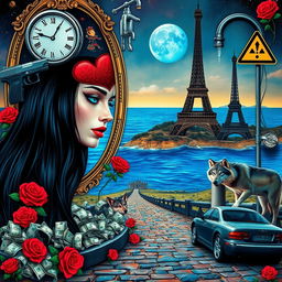 A beautiful, stunning young woman with long black hair and crystal blue eyes is crying in a psychedelic landscape inspired by Salvador Dali