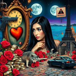 A beautiful, stunning young woman with long black hair and crystal blue eyes is crying in a psychedelic landscape inspired by Salvador Dali