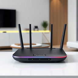 A futuristic router design inspired by Panasonic, featuring a sleek, minimalistic aesthetic with rounded edges and a modern finish