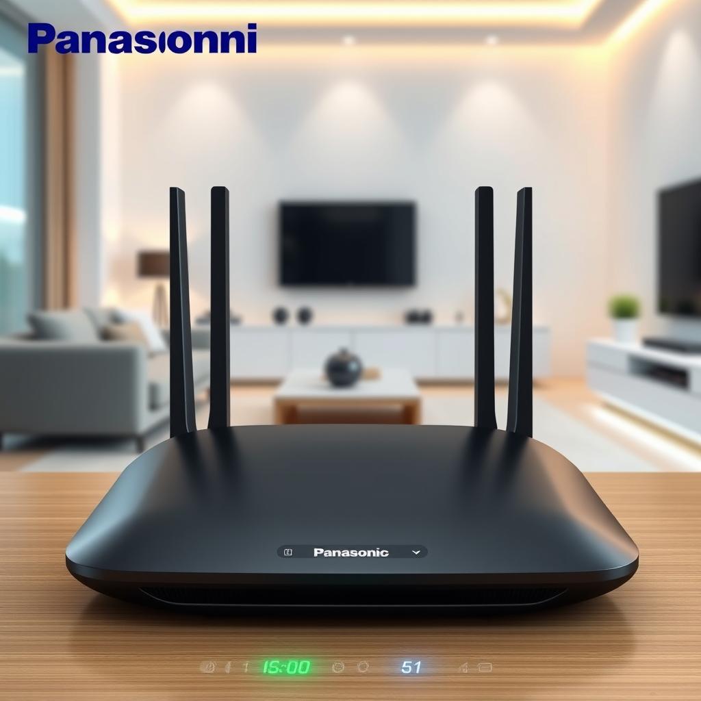 A futuristic router design inspired by Panasonic, featuring a sleek, minimalistic aesthetic with rounded edges and a modern finish