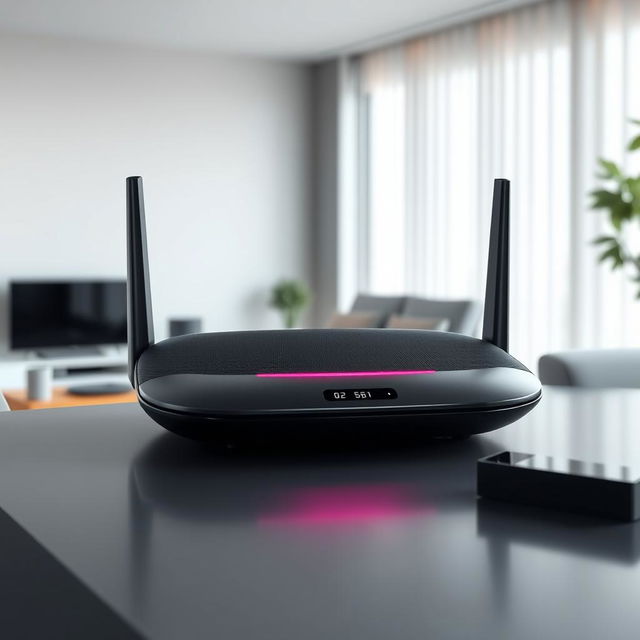 A futuristic router design inspired by Panasonic, featuring a sleek, minimalistic aesthetic with rounded edges and a modern finish