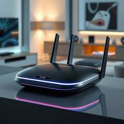 A futuristic router design inspired by Panasonic, featuring a sleek, minimalistic aesthetic with rounded edges and a modern finish