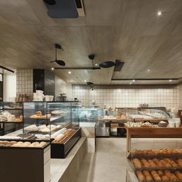 A modern bakery cafe with white tiled and stoned interiors, beckoning a London style. The space is filled with contemporary furniture, pastries artistically displayed in glass showcases and a state-of-the-art coffee brewing station.