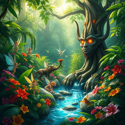 A vibrant jungle teeming with mythical beings, including colorful fairies flitting among the flowers, majestic centaurs drinking from a crystal-clear river, and a wise old tree spirit with glowing eyes watching over the scene