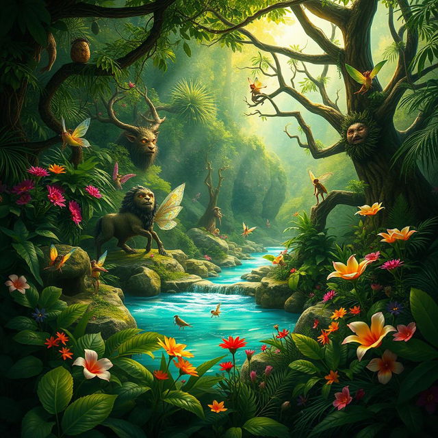 A vibrant jungle teeming with mythical beings, including colorful fairies flitting among the flowers, majestic centaurs drinking from a crystal-clear river, and a wise old tree spirit with glowing eyes watching over the scene