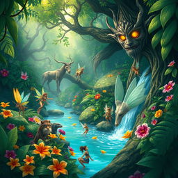 A vibrant jungle teeming with mythical beings, including colorful fairies flitting among the flowers, majestic centaurs drinking from a crystal-clear river, and a wise old tree spirit with glowing eyes watching over the scene