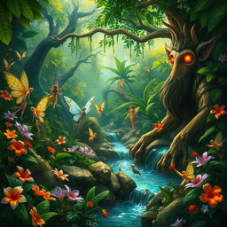 A vibrant jungle teeming with mythical beings, including colorful fairies flitting among the flowers, majestic centaurs drinking from a crystal-clear river, and a wise old tree spirit with glowing eyes watching over the scene